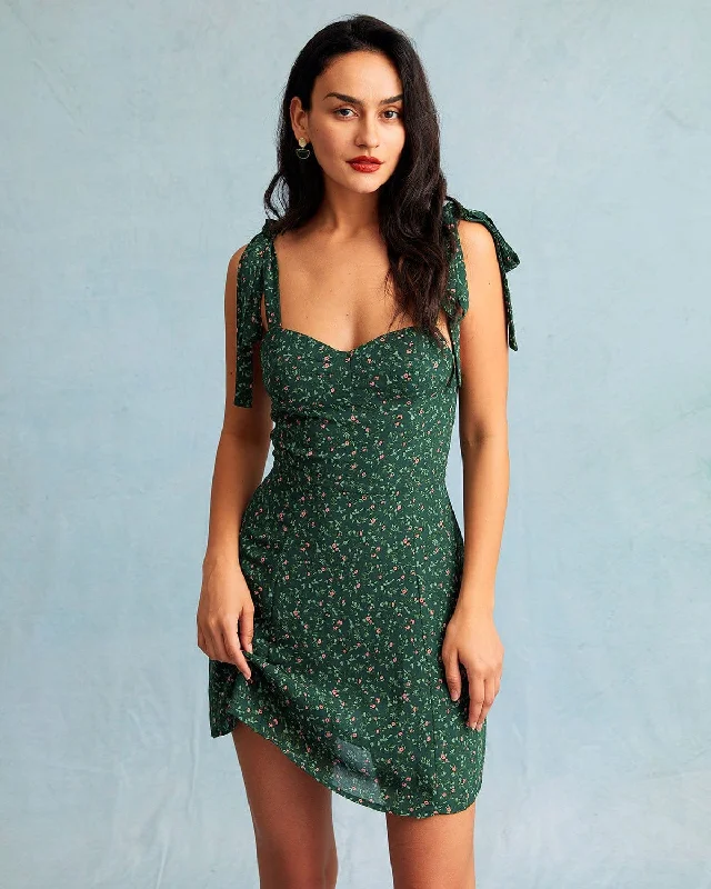 Women’s high-neck dresses for winter warmth -The Green Sweetheart Neck Floral Slip Mini Dress