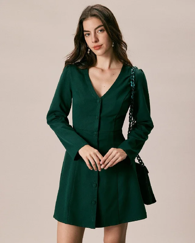 Women’s romper dresses for easy styling -The Green V Neck Button Shirt Mini Dress