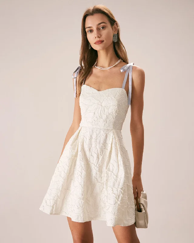 Women’s midi dresses for versatile style -The Off White Jacquard Tie Strap Mini Dress