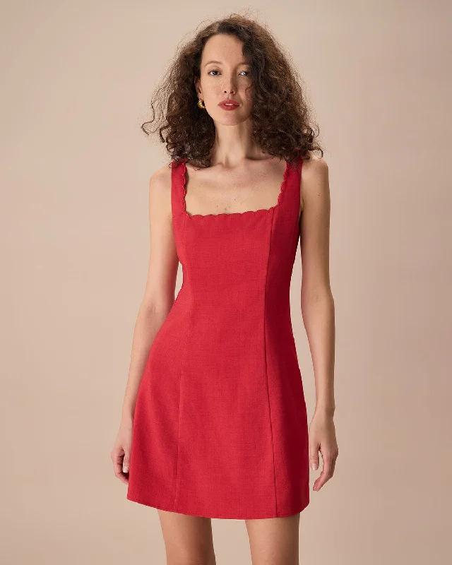 Women’s puff sleeve dresses for romantic style -The Red Square Neck Scalloped Mini Dress