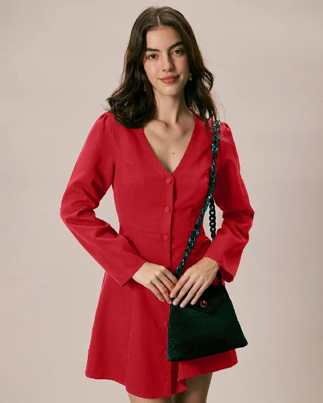 Women’s party dresses for fun events -The Red V Neck Button Shirt Mini Dress