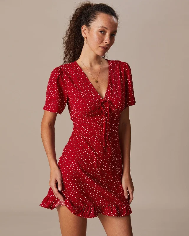 Women’s casual midi dresses for day outings -The Red V Neck Polka Dot Flounce Mini Dress