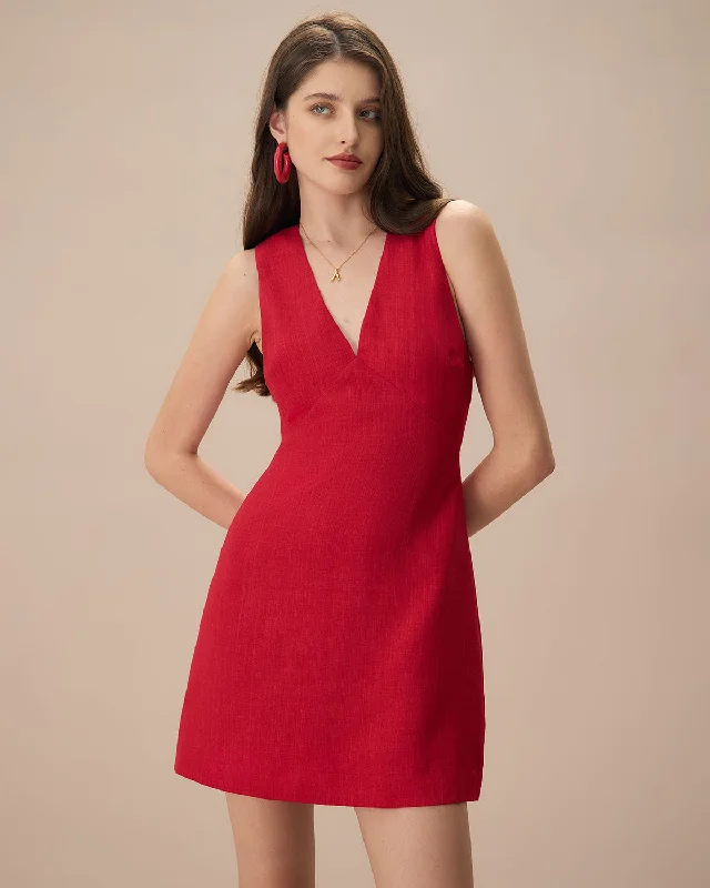 Women’s silk dresses for luxury occasions -The Red V Neck Sleeveless Linen Mini Dress