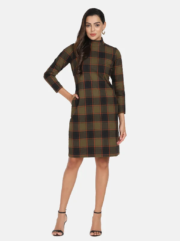 Women’s shift dresses with pockets for casual wear -Warm Checkered Tweed Dress - Brown