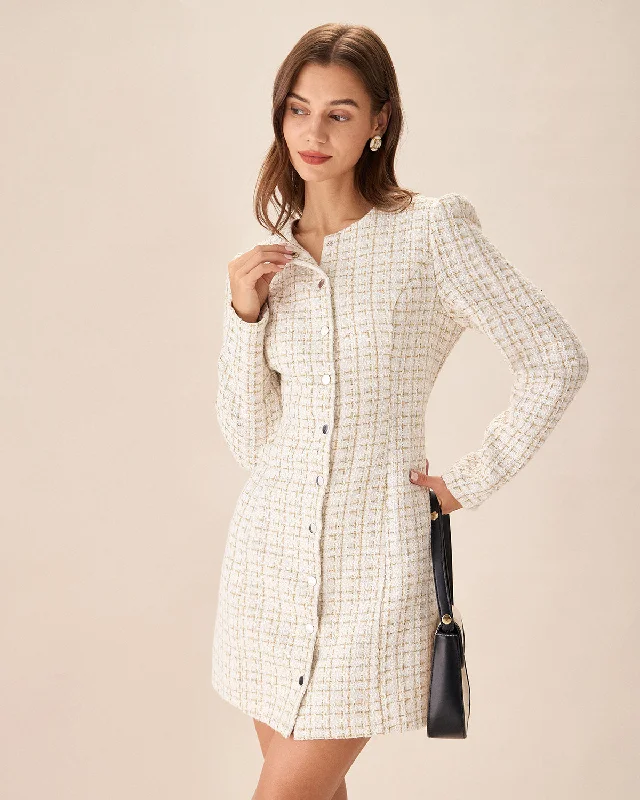 Women’s tuxedo dresses for sophisticated evening wear -White Square Neck Tweed Mini Dress