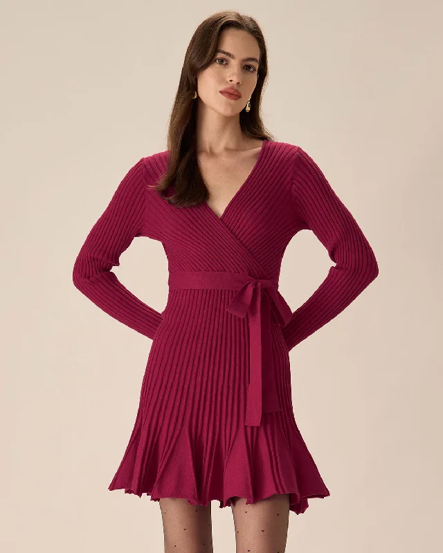 Women’s off-shoulder dresses for summer nights -Wine Red Wrap Sweater Mini Dress