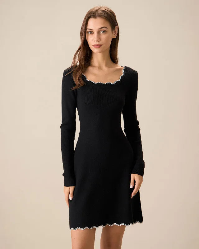 Women’s peplum dresses for feminine silhouette -Women's Black Contrasting Knit Mini Dress