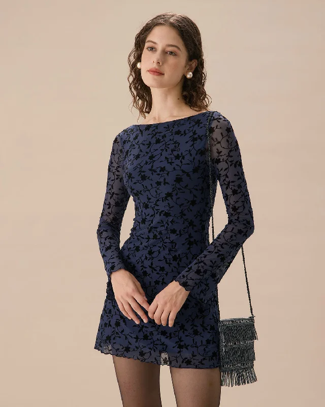 Women’s ruffle dresses for feminine touch -Women's Blue See-through Long Sleeve Mini Dress