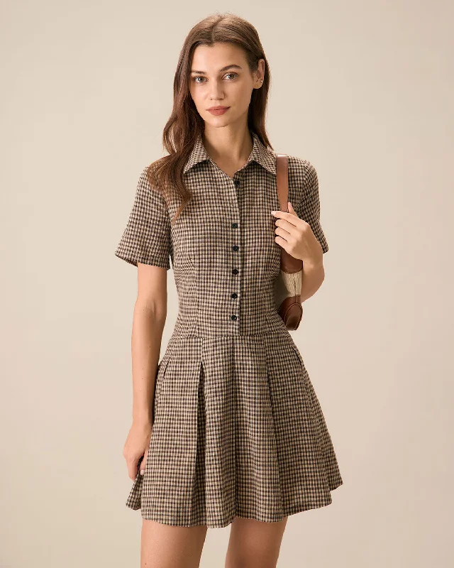 Women’s plaid dresses for preppy vibe -Brown Plaid Lapel Pleated Mini Dress