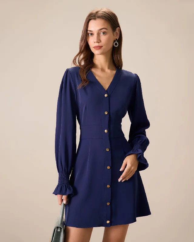 Elegant women’s dresses for weddings -Women's Navy Ruffle Long Sleeve Mini Dress