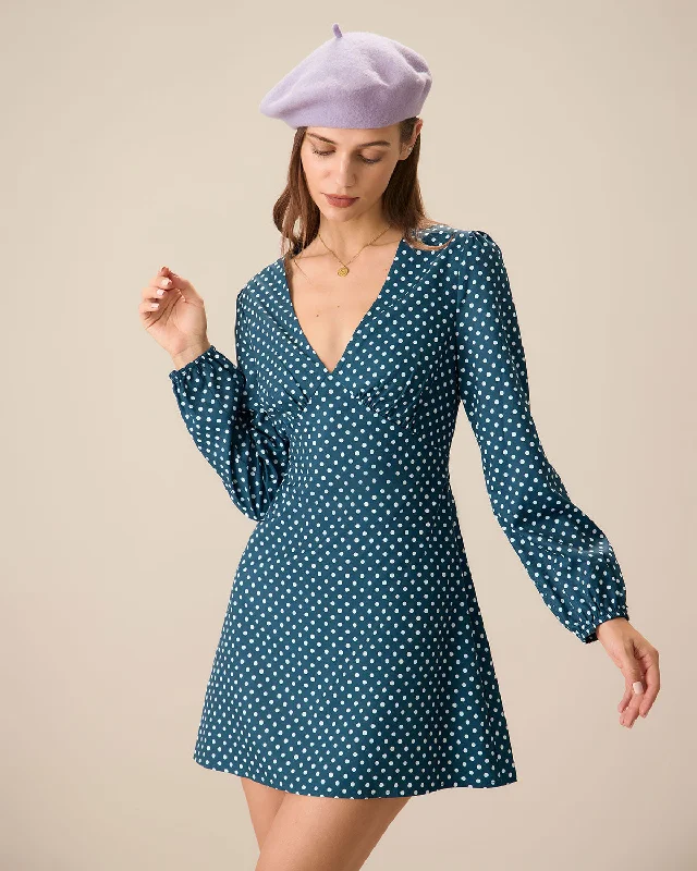 Women’s peasant dresses for bohemian flair -Women's Navy V-neck Polka Dot Mini Dress