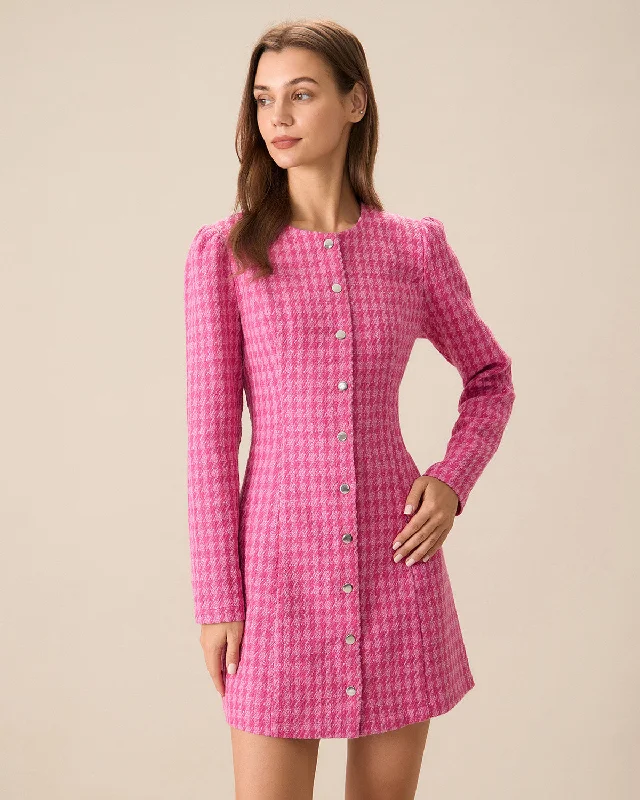 Women’s beach dresses for vacation outfits -Women's Pink Single-breasted Tweed Mini Dress