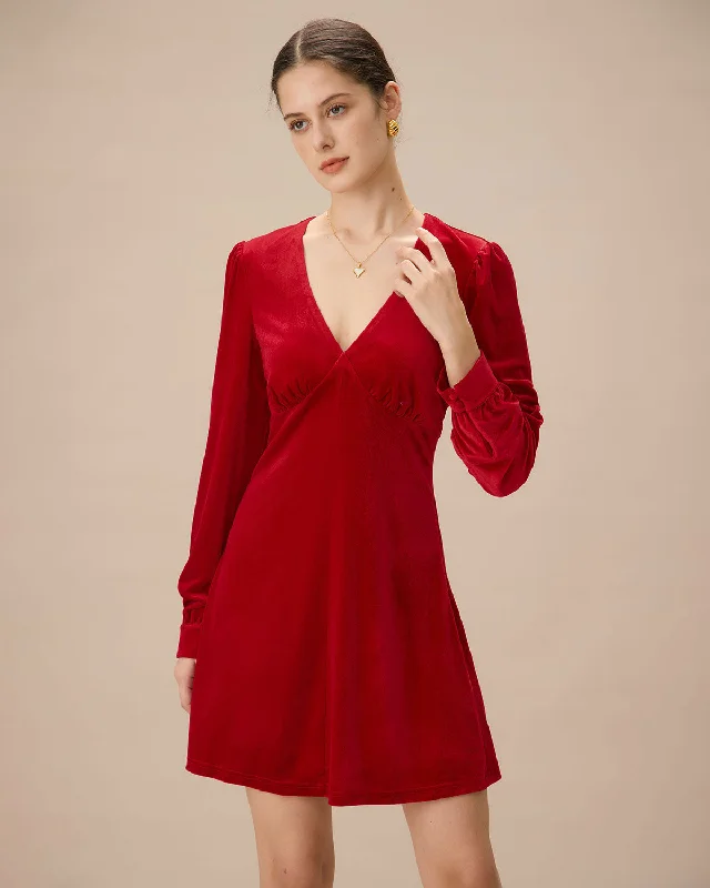 Women’s belted dresses for defined waistline -Red Velvet Puffed Sleeve A-Line Mini Dress